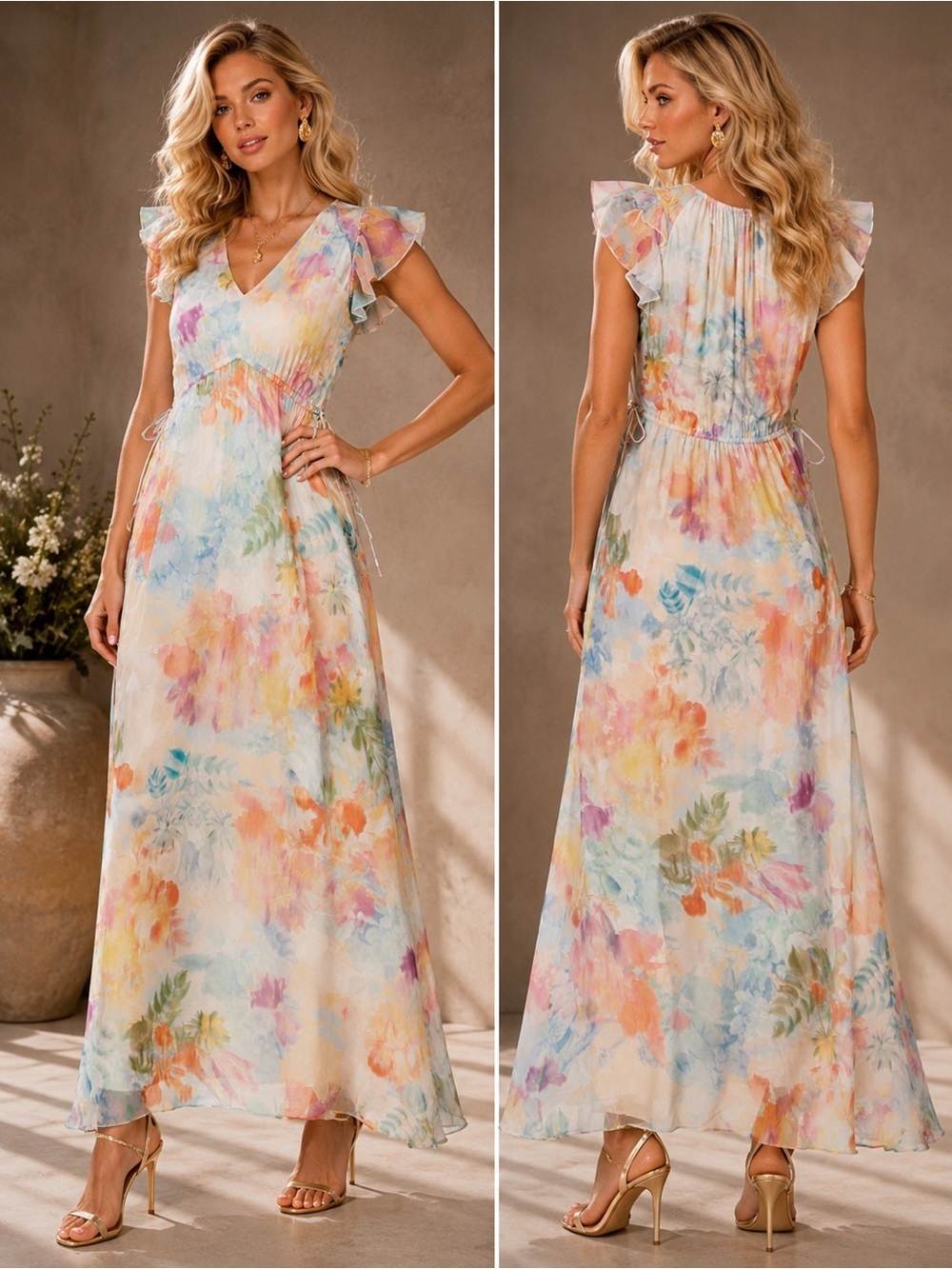 Hale Bob Silk Blend Watercolor Floral Maxi Dress Size S Boho Luxury NWT